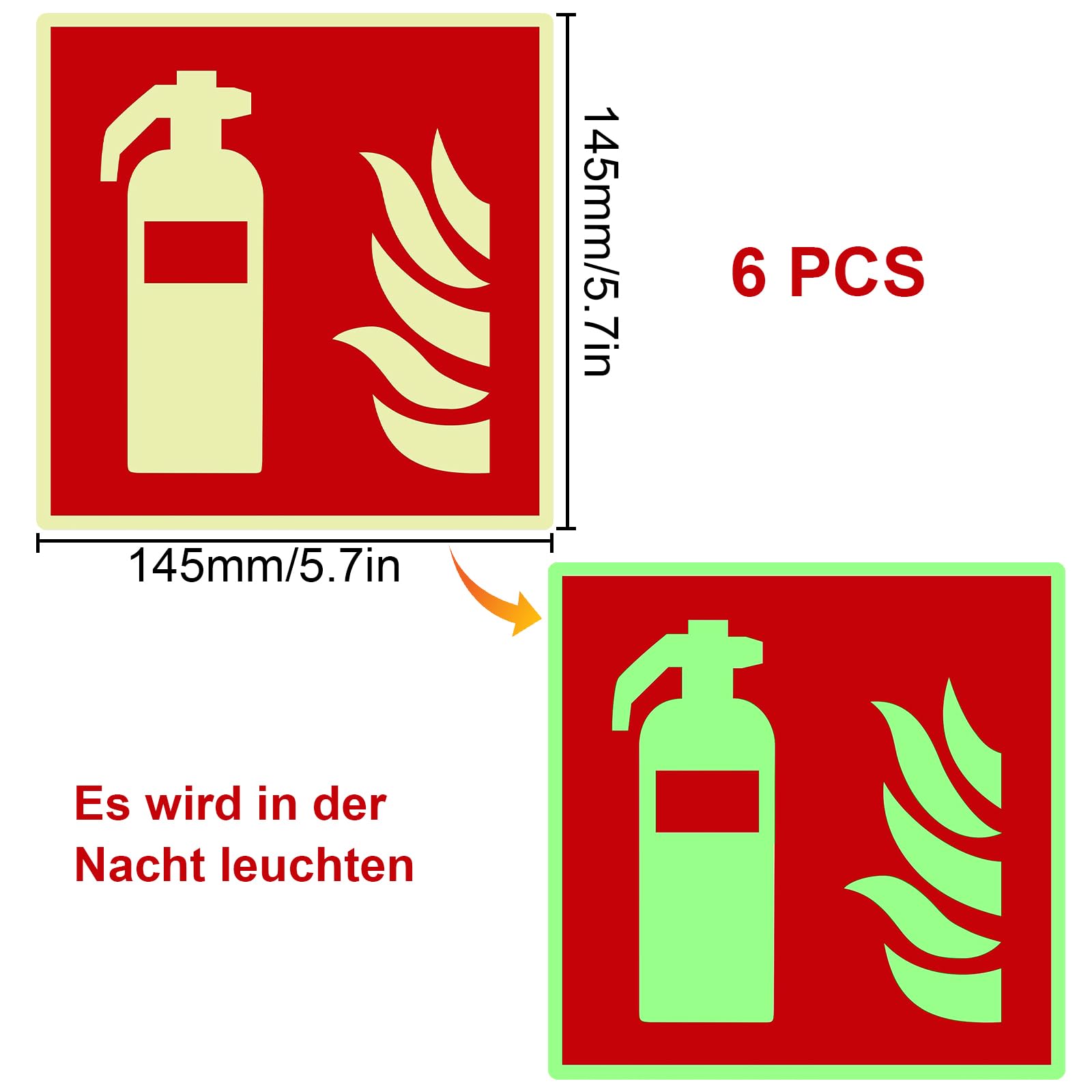 6 Feuerlöscher Aufkleber – PVC-Schilder, 14,5x14,5 Cm, Stark Klebend