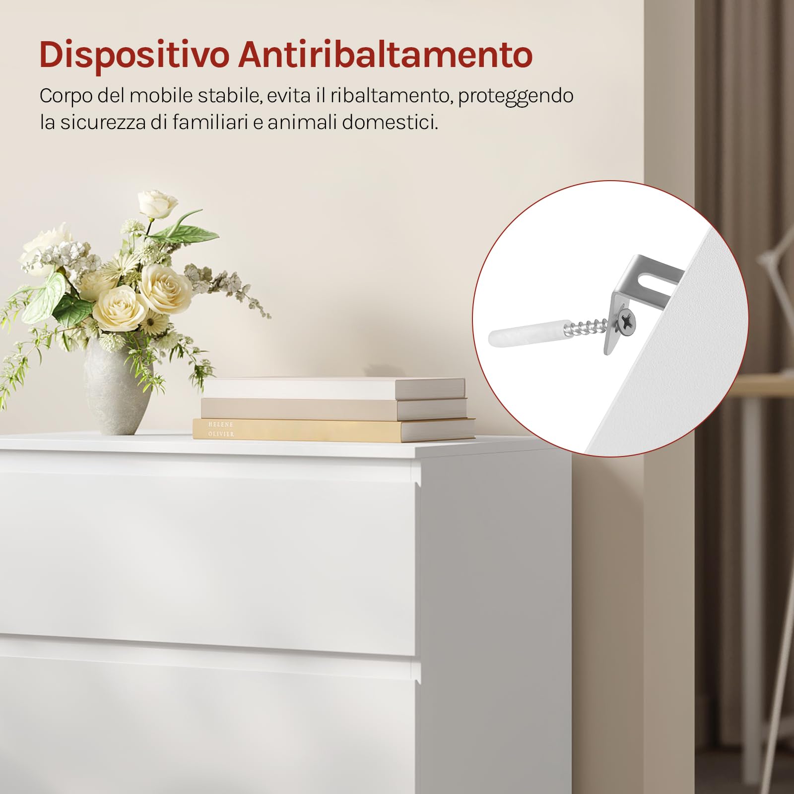 WOLTU Comodino Camera da Letto, Cassettiera Salvaspazio | con 3 Cassetti, per Soggiorno, Corridoio, Studio, Ufficio, in Legno, 60x40x70 cm, Bianco