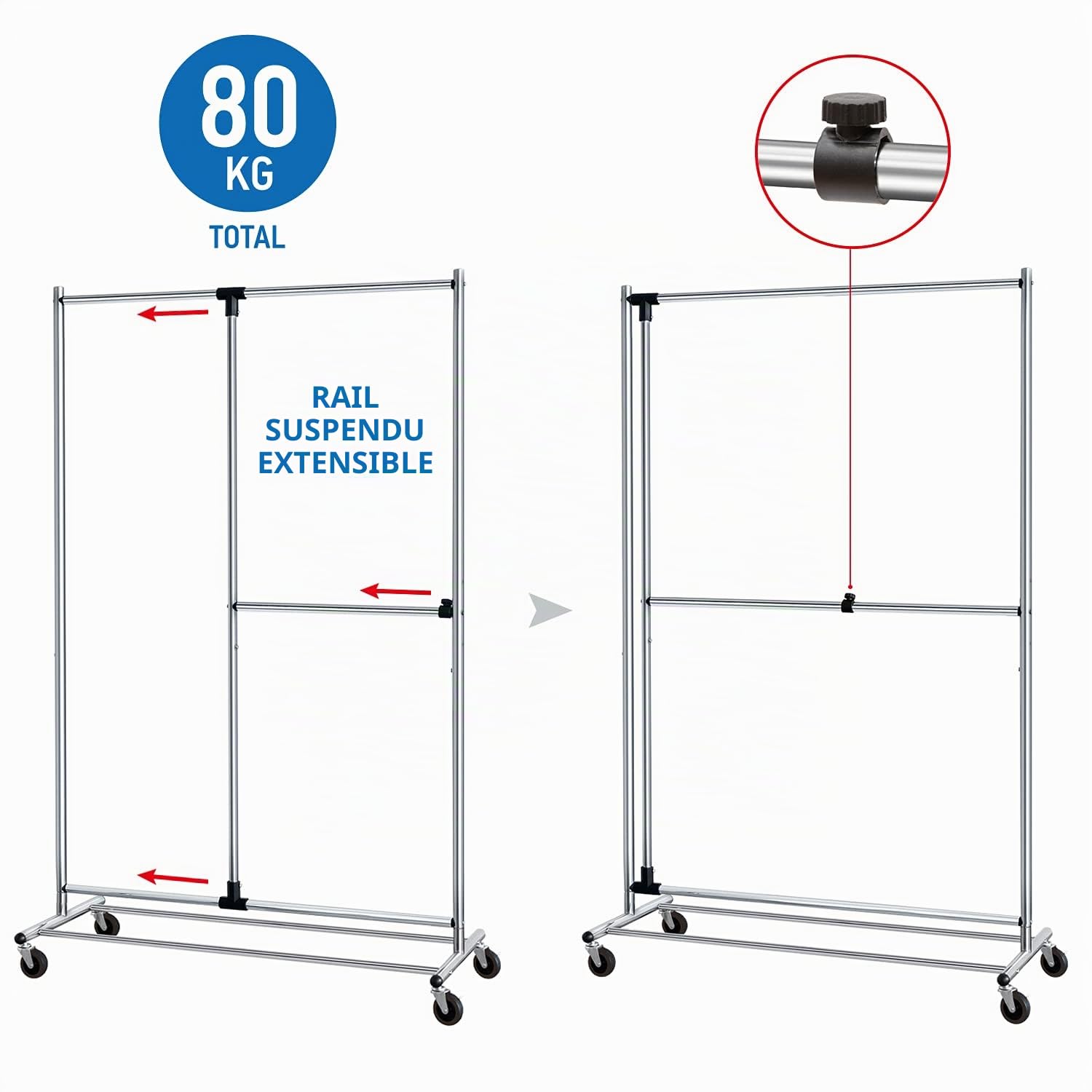 Tatkraft Marvel - Portant Vêtement Solide, avec Roulettes, Acier Chromé | Penderie sur Roues, 80kg Capacité, 45 cintres, 2 Barre Ajustable pour Vêtements Longs et Courts, Portant Robuste 116x49x188cm