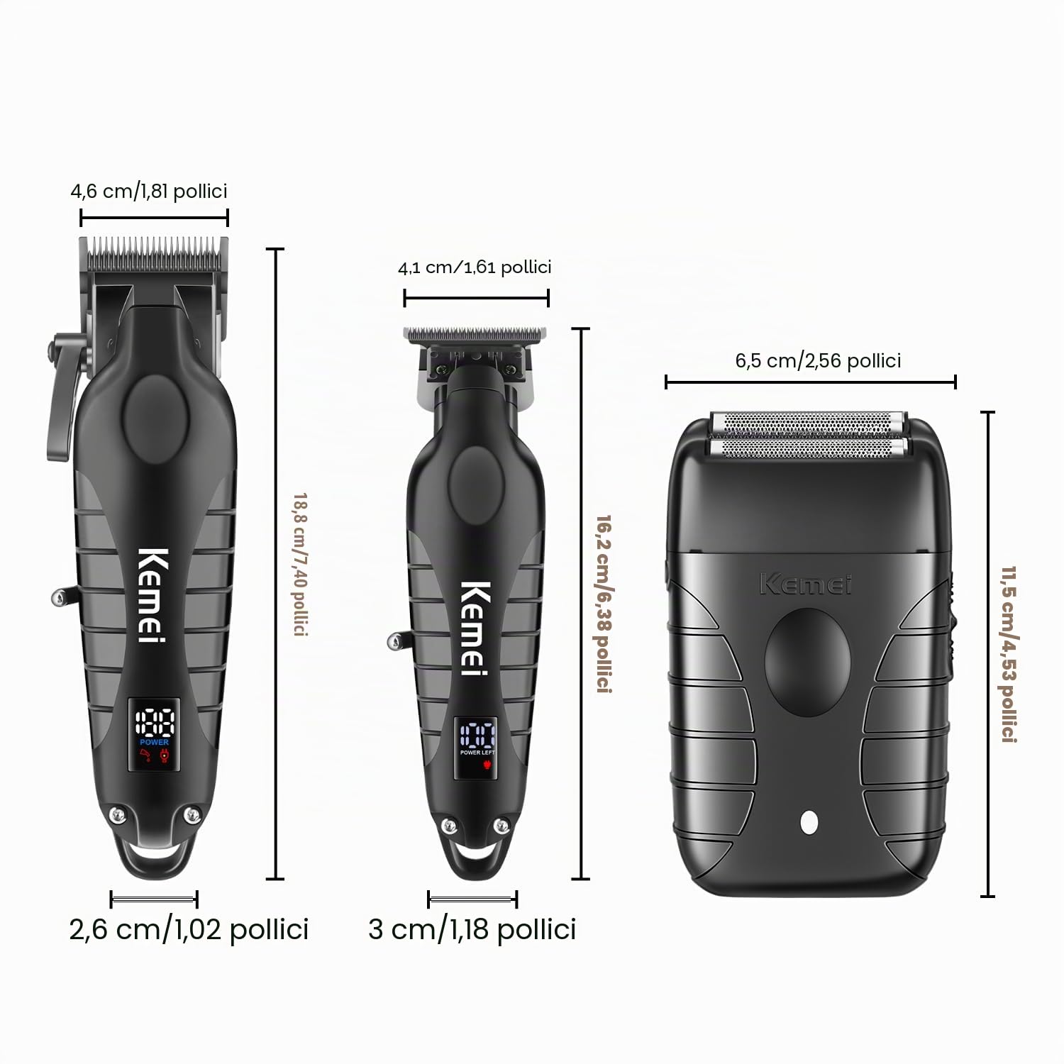 KEMEI Tagliacapelli professionale da uomo, senza fili, elettrico, lame a T, kit da rasoio, ricaricabile tramite USB, con 9 pettini di guida