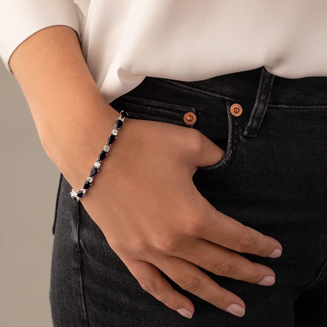 PEORA 13 Carats Created Blue Sapphire Teardrop Tennis Bracelet for Women 925 Sterling Silver, Pear Shape 8x5mm, 7 1/2 inch Length