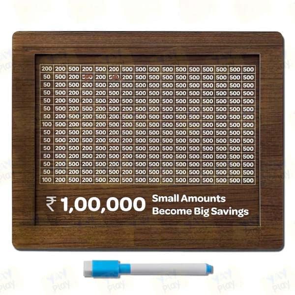 Family Feves Wooden 1 Lakh Money Saving Box with Marker | Reusable Savings Challenge Piggy Bank with Number Grid | Wooden Money Bank for Kids & Adults