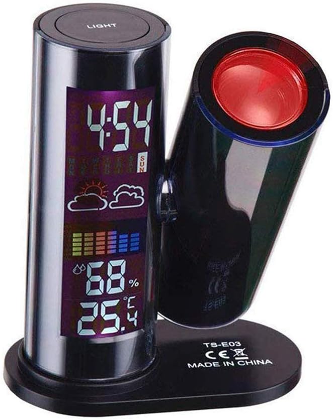 Digital Projection Alarm Clock Indoor Temperature Humidity with Weather Forecast Snooze and Alarm,360 degree rotating projection clock