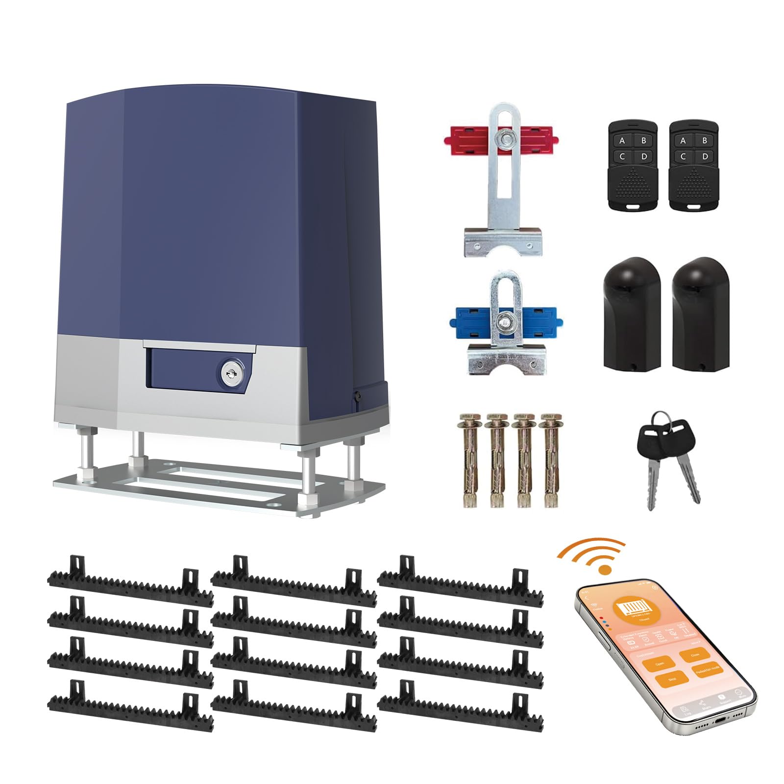 Schiebetorantrieb Set für Tore bis 600 kg und 12 m Länge mit Smart WiFi Infrarotsensor 2 Fernbedienungen inkl. 4m Nylonzahnstangen Garagentorantrieb Toröffner Hoftorantrieb