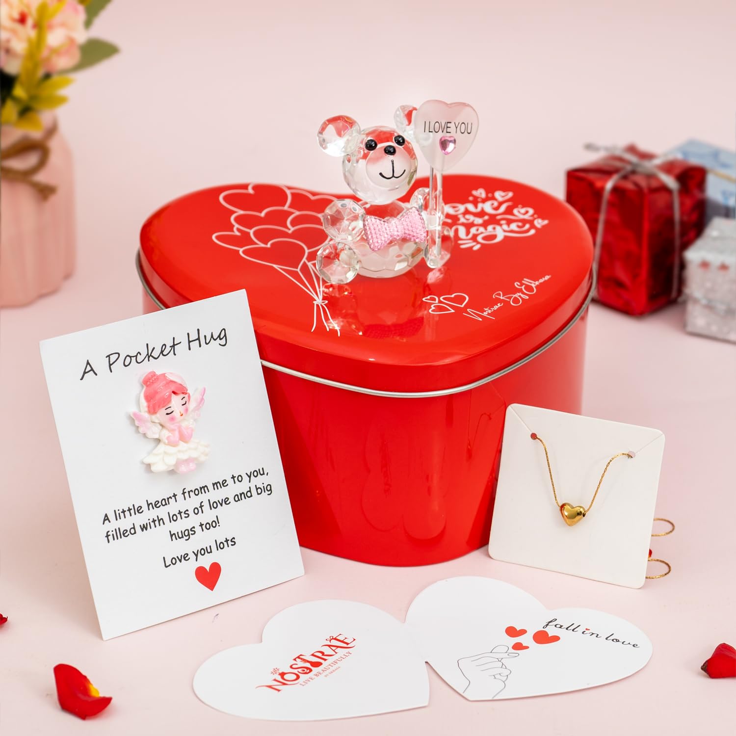Nostrae by Ekhasa Cute Crystal Teddy Bear Show Pieces Gift Box for Valentines Day Gift | Heart Pendant Romantic Love Gift Item, Birthday Gift | Home Decor