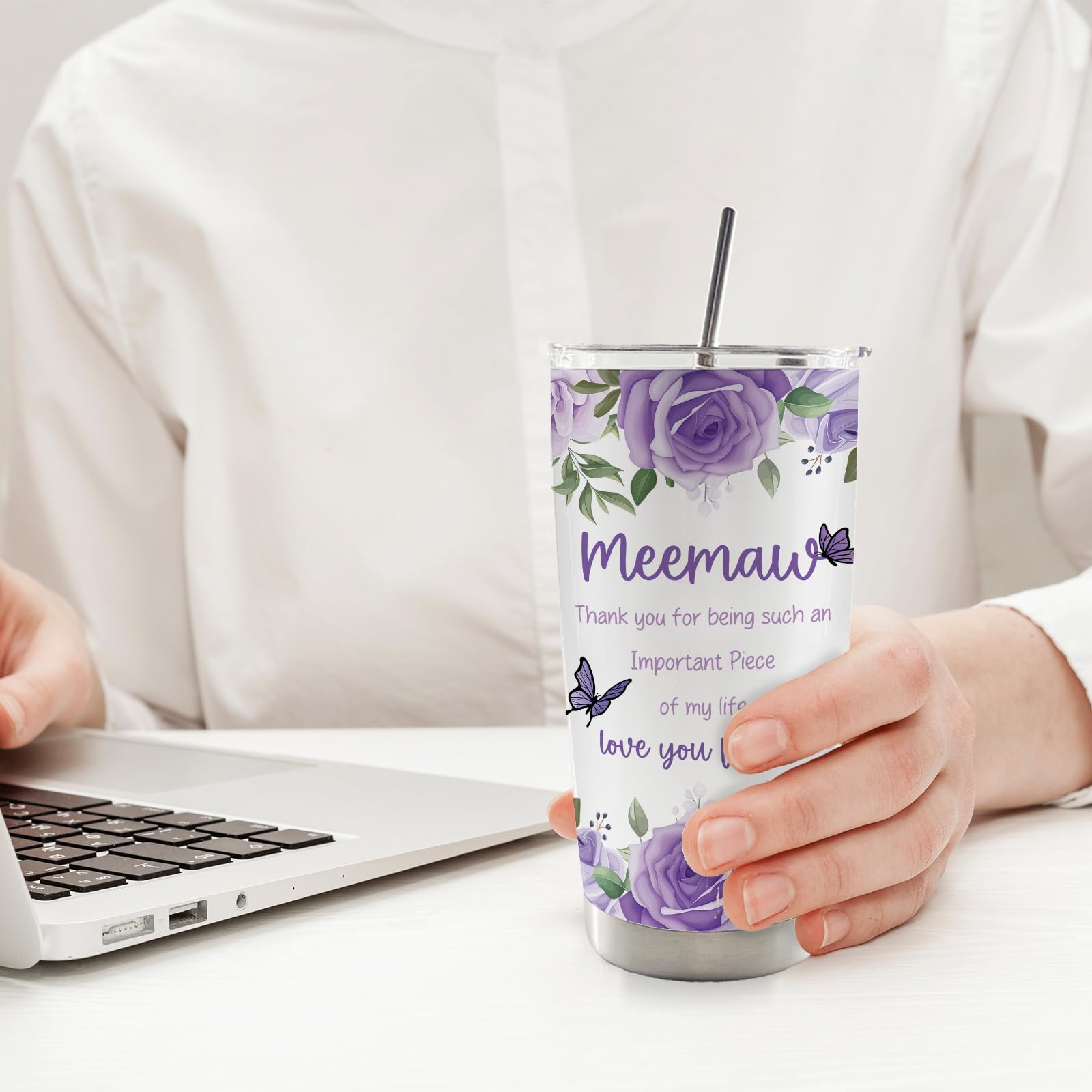 Meemaw Mothers Day Christmas Birthday Thank You Gifts Gift 20oz Travel Coffee Mug Tumbler for Grandma from Grandkids Grandchildren, Memaw Water Stainless Steel Tumbler with Lid and Straw