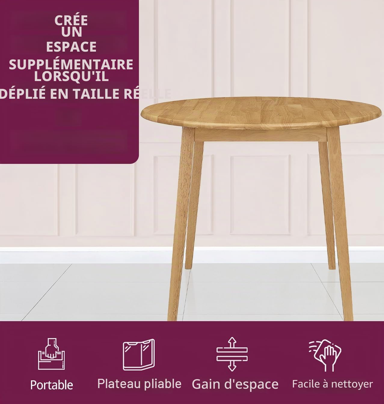 Hallowood Furniture Ledbury Table de salle à manger ronde en chêne clair avec feuilles pliables, design peu encombrant pour la maison ou le restaurant