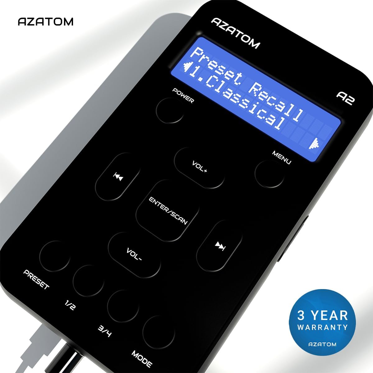 Close-up of the AZATOM A2 radio with a '3 Year Warranty' badge.