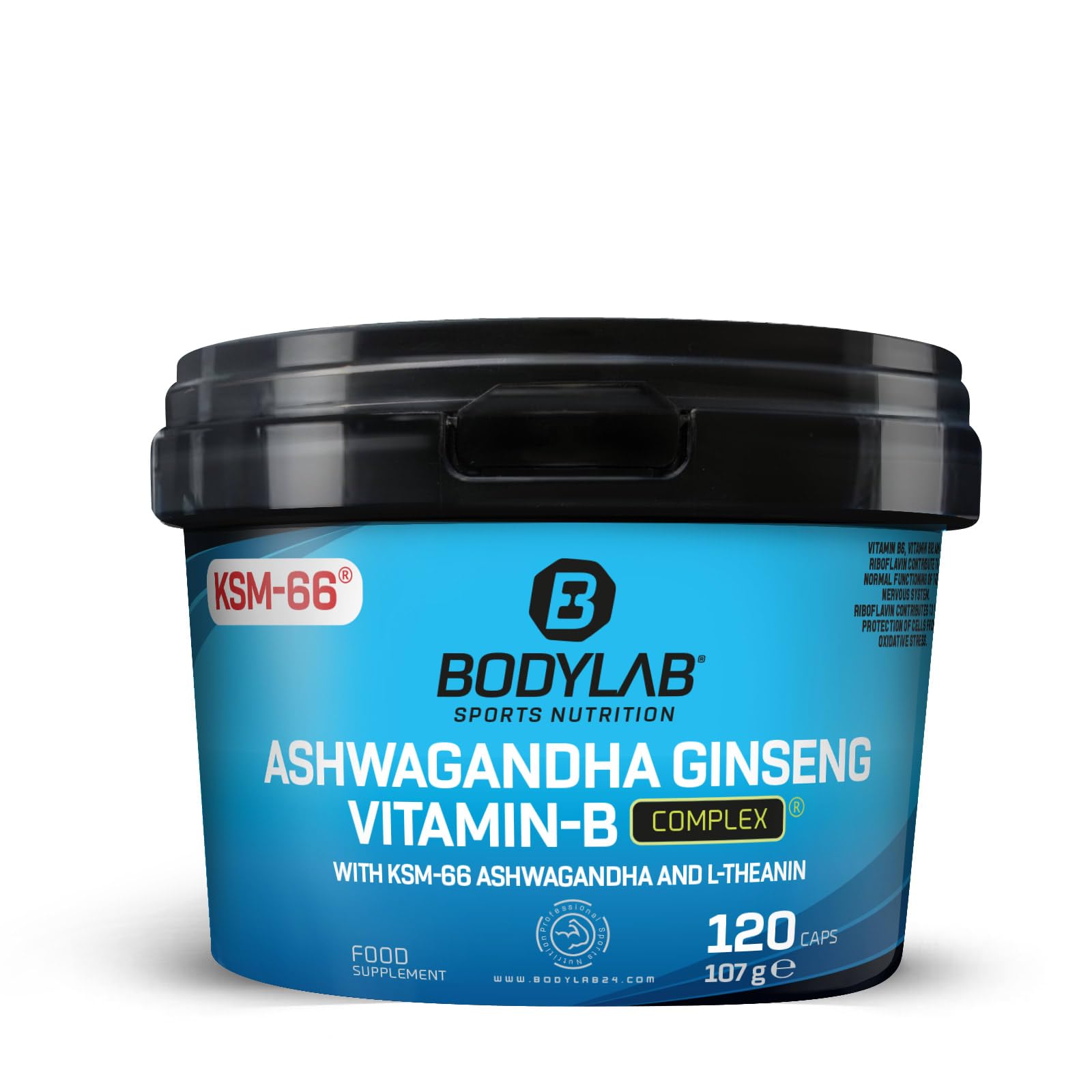 Bodylab24 Ashwagandha Ginseng Vitamin-B Komplex 120 Kapseln - Für Stressreduction und Energiespeisung der Männer und Fra