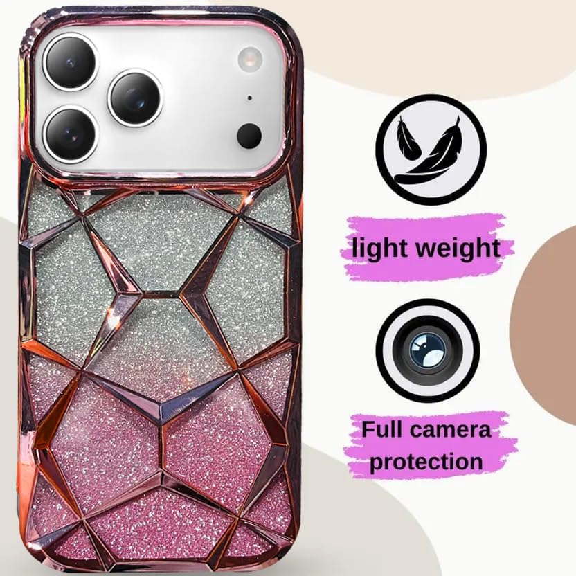 Image of VONZEE Gradient Glitter Back Cover Case Compatible with iPhone 17 Pro, Luxury Electroplated 3D Cube, Diamond Bling Shiny Soft TPU Clear Shockproof Women Girls Protective Phone Cover (Rose Gold)