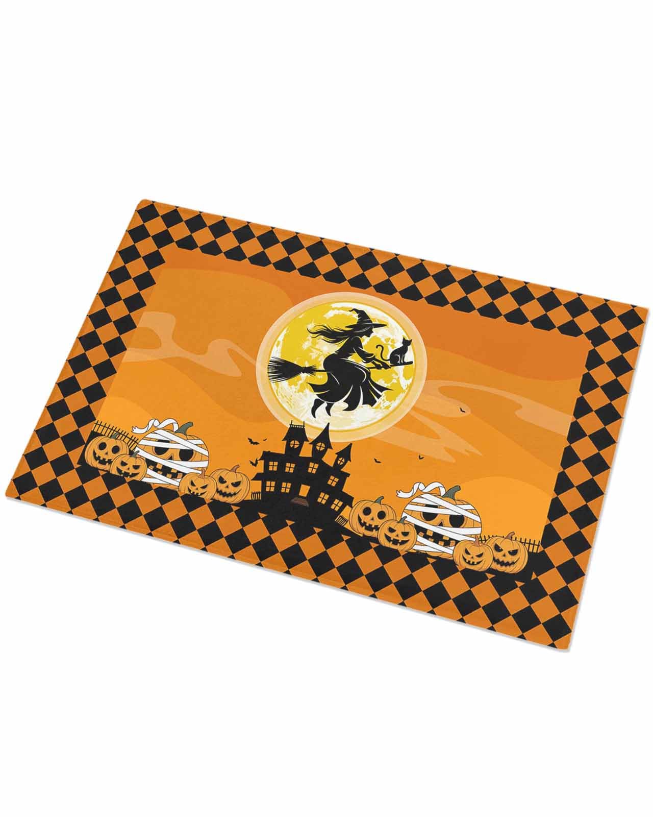 Indoor Doormat Orange Halloween Witch Pumpkin,Shaggy Floor Mat with Non-Skid Backing Castle Full Moon Cat,Machine Washable Plush Area Rug Carpets for Kitchen Nursery Bedroom