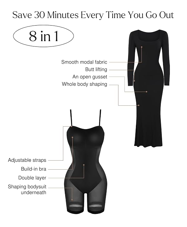Popilush Long Sleeve Cocktail Dress - Shapewear Formal Wedding Guest Dresses for Women Square Neck Maxi Dress Built-in Bra Black by Popilush - Used condition - Image 3