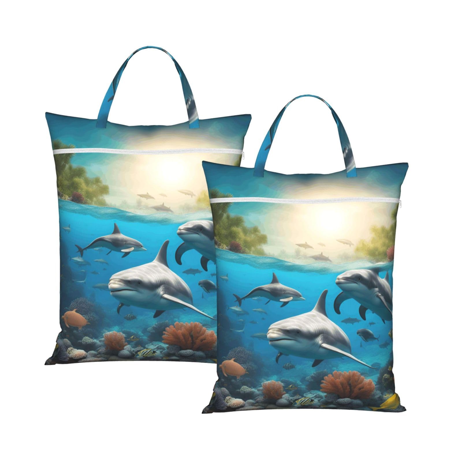 Dolphins Sea Turtle Shark Octopus Coral Print Travel Laundry Bag Foldable Lightweight Camping Beach Dorm Weekend Getaways