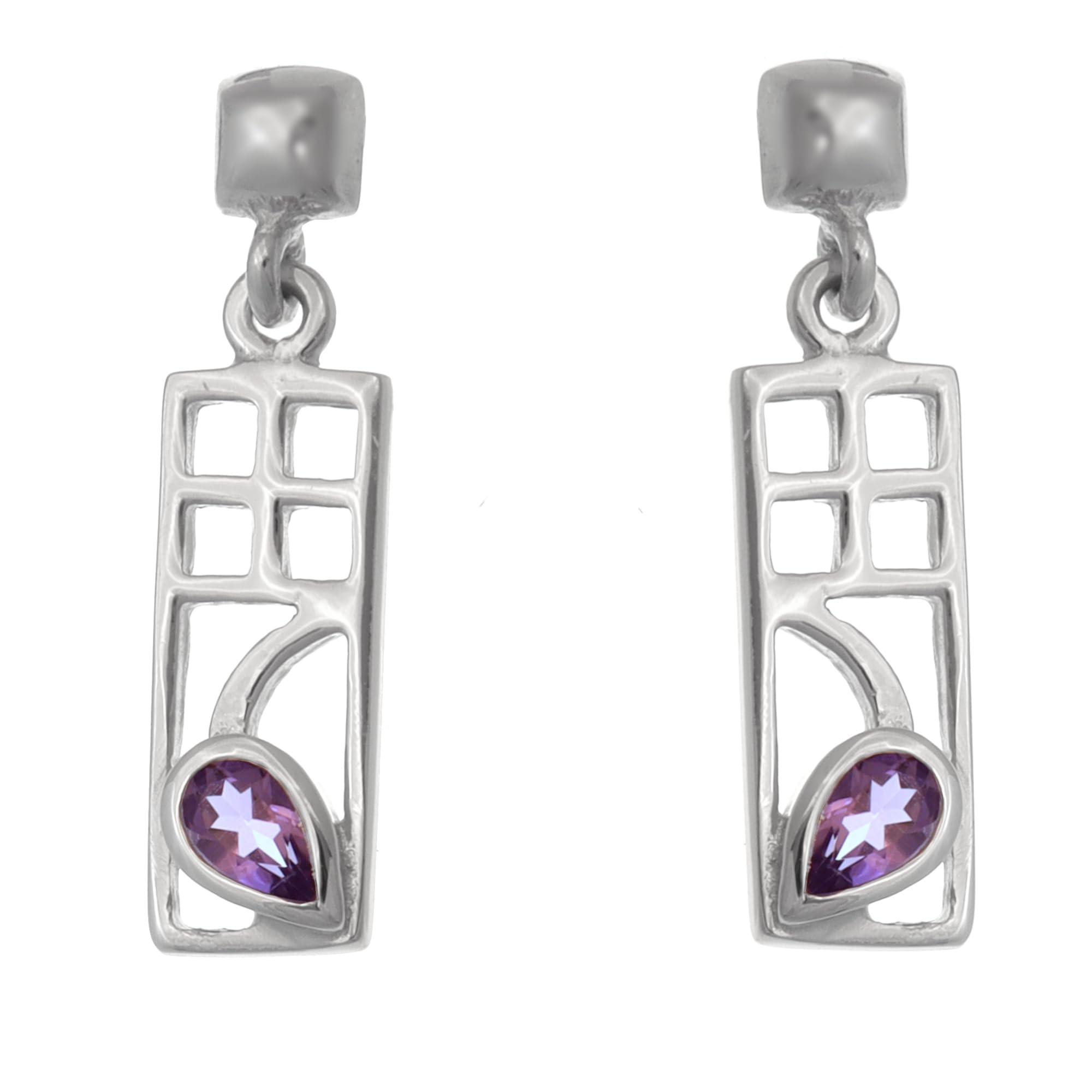 Charles Rennie Mackintosh Amethyst 925 Sterling Silver Earrings for Women - Drop Earrings with Jewellery Gift Box - 18mm x 7mm