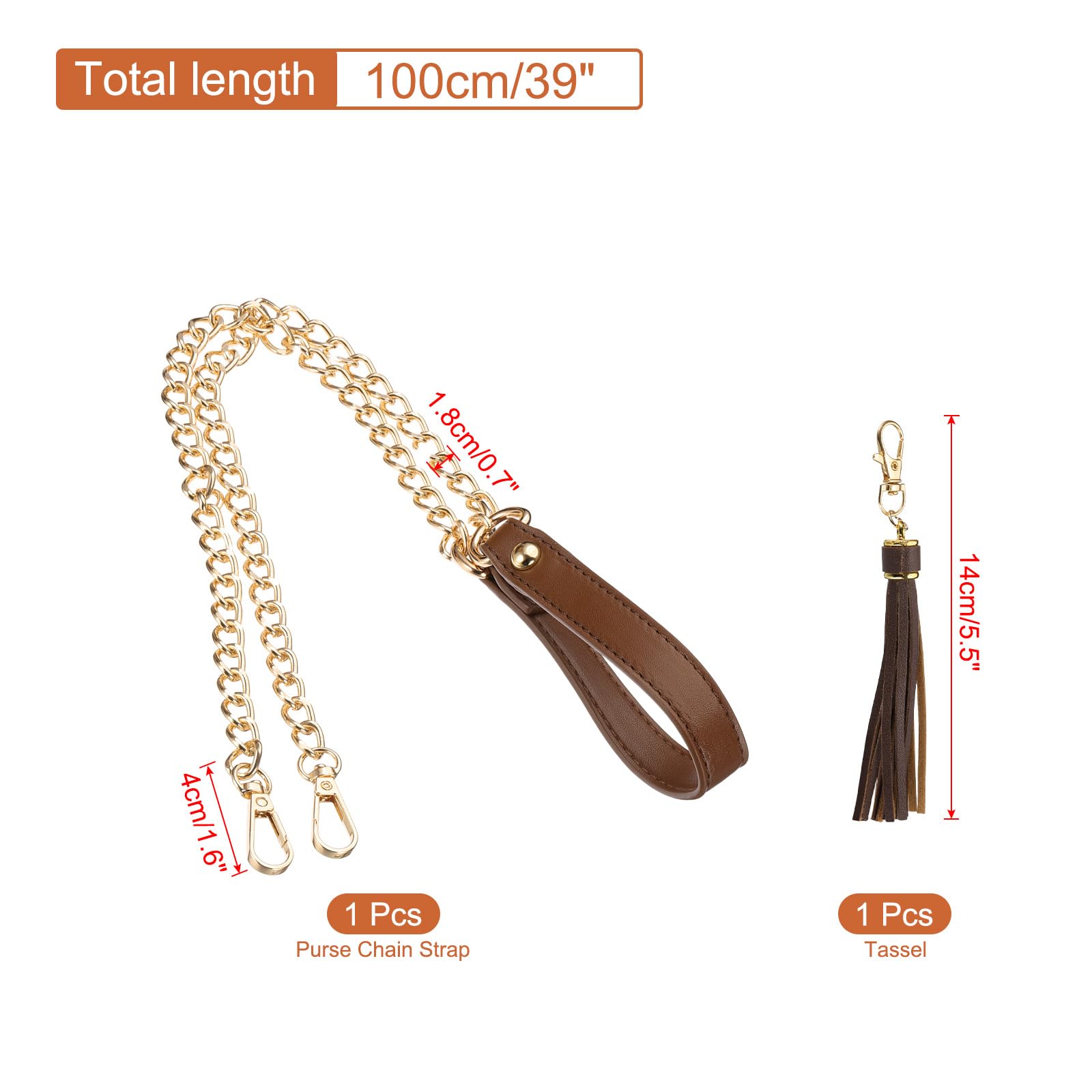 PATIKIL Purse Chain Strap, 39 Inch Leather Chain Purse Strap Replacement with Tassel for Crossbody Bag Handbag Woman Coffee/Gold - Image 2