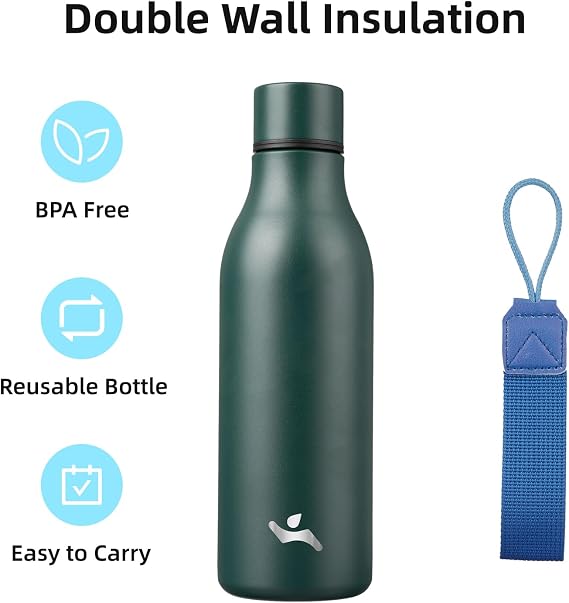 Konokyo Kayışlı Yalıtımlı Su Şişesi, 18oz Çift Duvar Paslanmaz Çelik Vakum Şişeleri Metal Su Şişesi, Ordu Yeşili