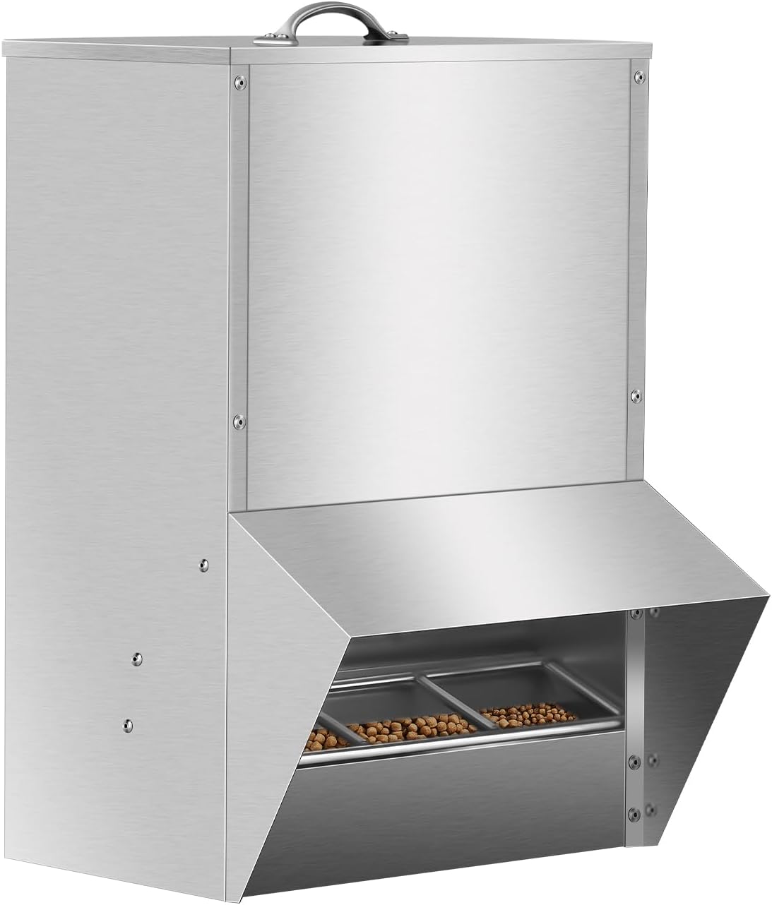 Galvanized Chicken Feeder No Waste, 30LBS Poultry Feeders Silver, Rat Proof Hanging Chicken Feeder with Lid, Weatherproof Outdoor Coop Food Dispenser