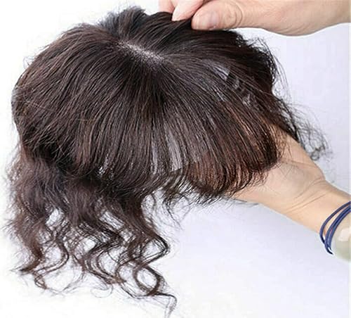 ICRAB Parte superior de cabello humano corto de 8 pulgadas con flequillo, 2.76 x 3.93 pulgadas, base de clip atada a mano para mujer, color marrón