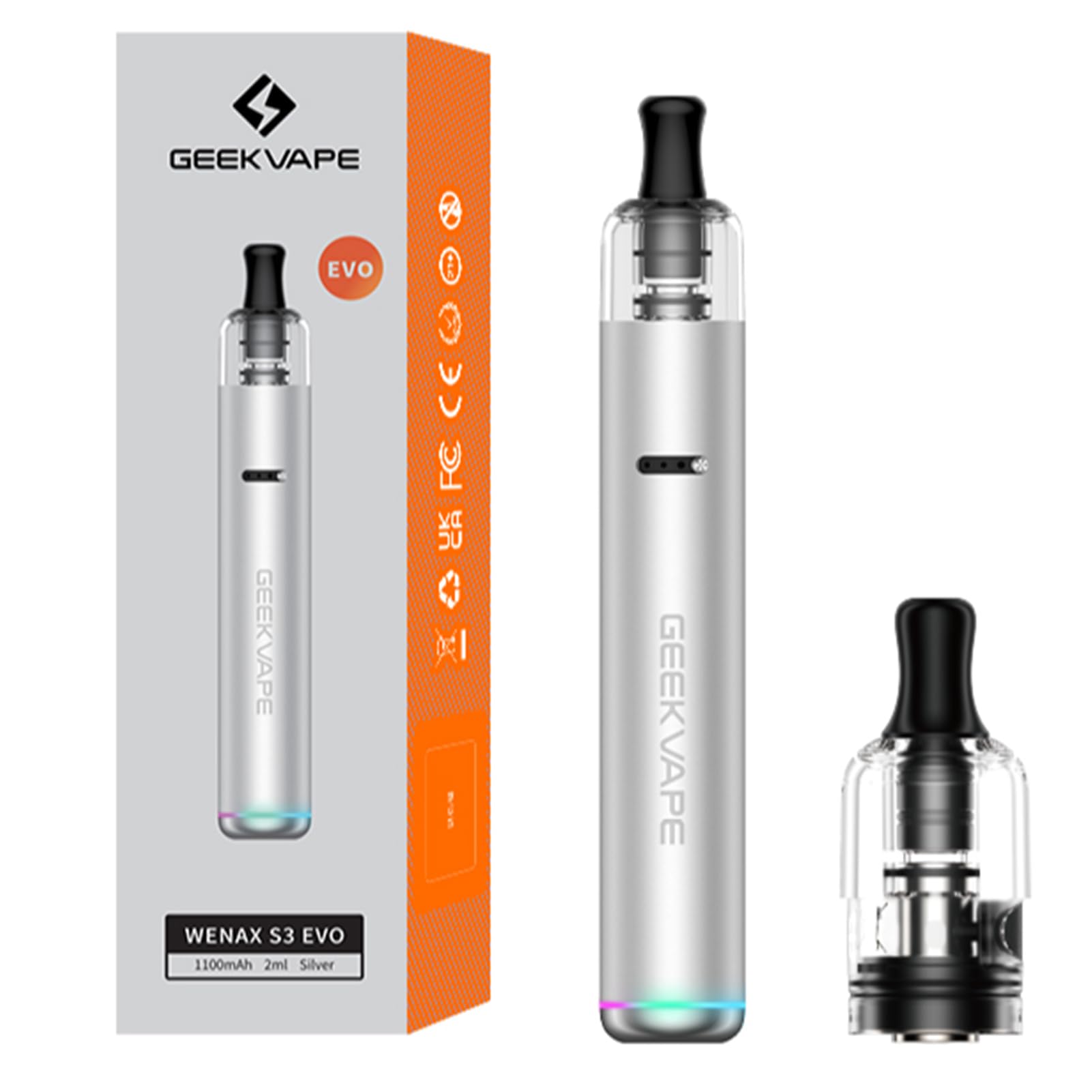 Geekvape Wenax S3 EVO Vape Pen Kit 1100 mAh 2 ml Pod Kit Built-in 1100 mAh  Fit GeekVape S Cartridge (0.8 ohm/1.2 ohm) No Nicotine (Silver) :  Amazon.de: Electronics & Photo