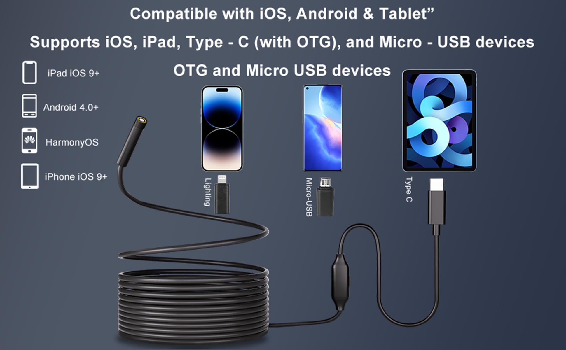 Telecamera endoscopica con luce, boroscopio HD 1920P, 8 luci LED regolabili, IP67 impermeabile fotocamera serpente da 5 m, ispezione cavo semirigido per Android, iOS