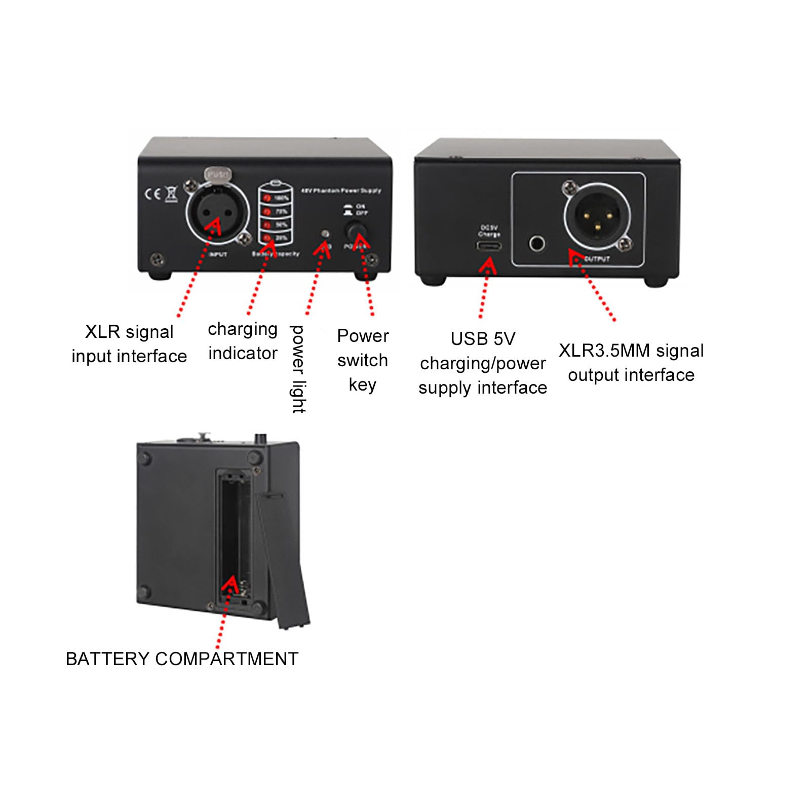Fuente de Alimentación de 48V con XLR para Micrófono de