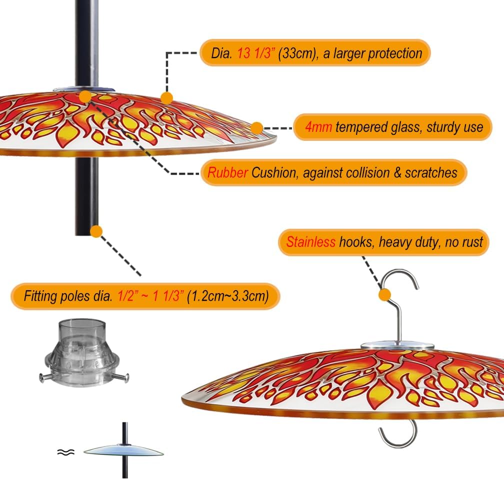 13" Glass Rain Cover for Bird Feeder Outdoors - Baffle on Shepherd Pole/Post or S Hook Hanging - Large Weather Guard Protective Dome - Dia. 33CM - Fire