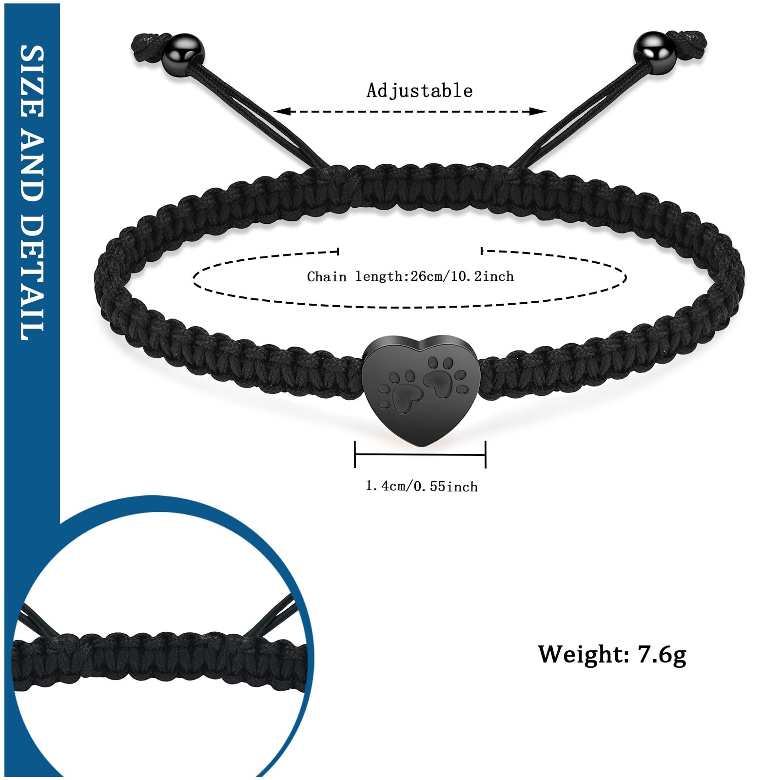 constantlife Heart Cremation Urn Bracelet for Ashes - Stainless Steel Paw Print Pendant Keepsake Jewelry Adjustable Braided Wristband Bangle Pet Dog Cat Memorial Gift for Women (Black)