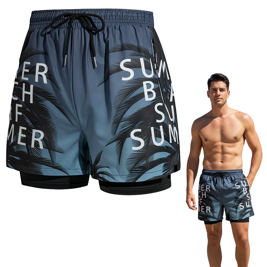 Swim Trunks for Men, Quick-Dry Polyester Beach Shorts with Inner Lining, Elastic Drawstring Waist, Tropical Palm Leaf Fashion Lightweight Beach Wear for Swimming, Vacation & Traval, 3XL