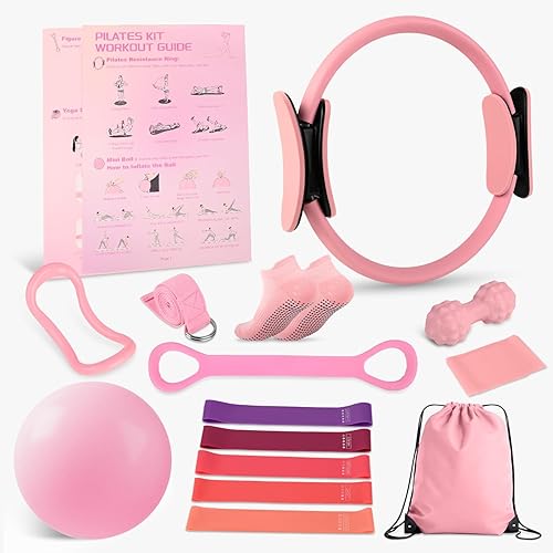 Home Pilates Essentials Kit para mujer, equipo de pilates, juego de anillo y pelota, juego de entrenamiento rosa que incluye círculo mágico, 5