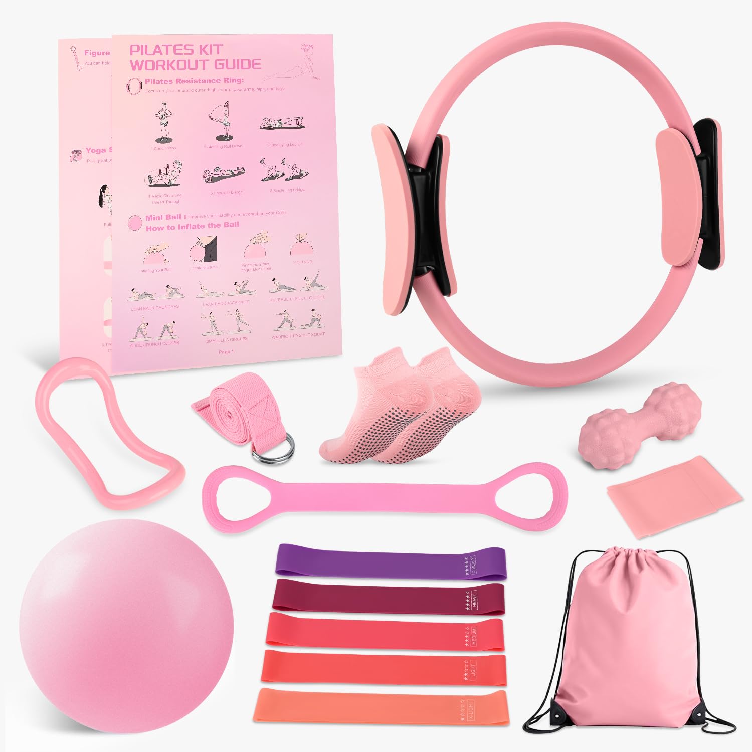 Home Pilates Essentials Kit for Women - Complete Set with 9 Yoga Ball Figure 8 Resistance Band Pilates