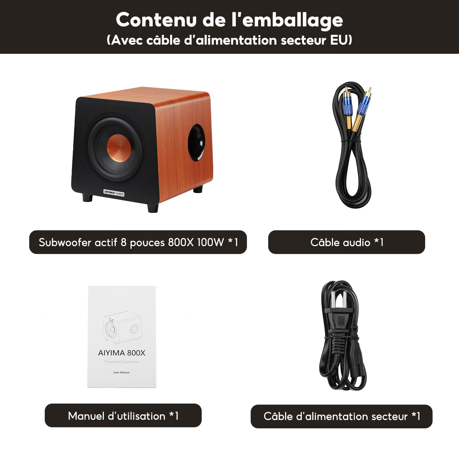 AIYIMA 800X Caisson de Basses Actif 8", 100W RMS, 30–300 Hz, Réglage Volume/Filtre Passe-Bas/Phase, Entrées RCA/AUX/LFE, Caisson MDF Anti-Résonance pour Home Cinéma & HiFi