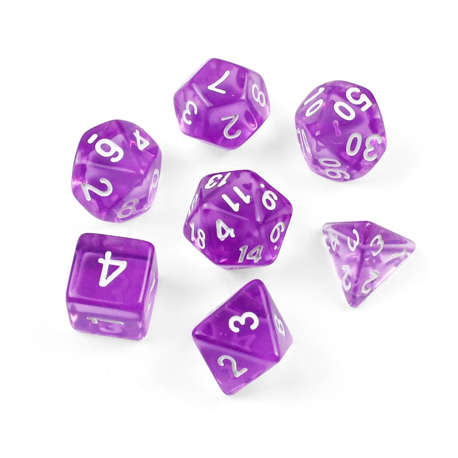 7 Polyedrische Würfel Set Transparente Würfel DND Polyeder Würfelset für Dungeons & Dragons, D&D, RPG, MTG - Inkl. D4 D6 D8 D10 D12 D20 (Transparent Violett)