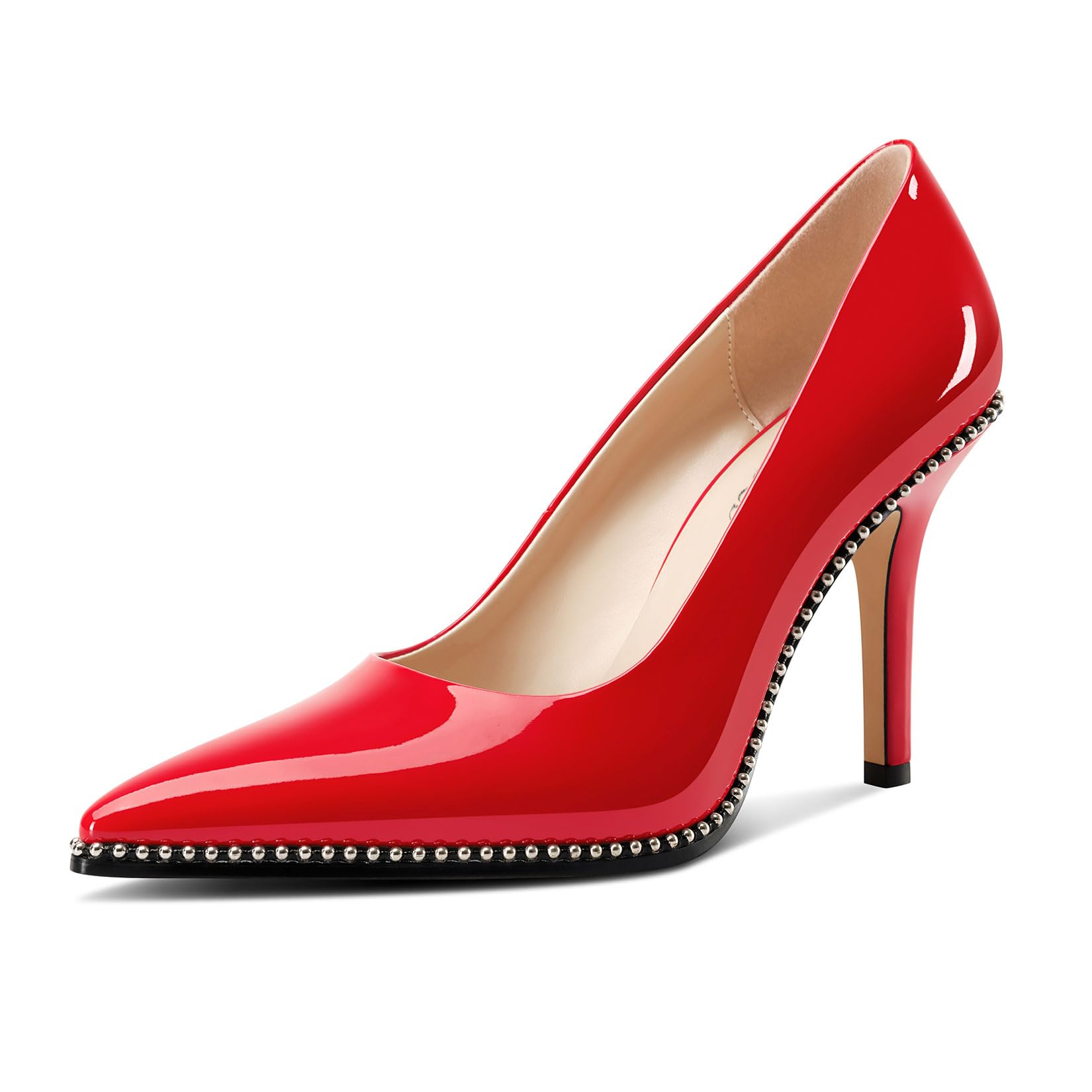 TNYNFBEB Womens Stiletto Mid Heel Pointed Toe Pumps Slip-on Sliver Beaded Prom Wedding Dress Basic Classic Patent Leather 3.5 Inches Heels