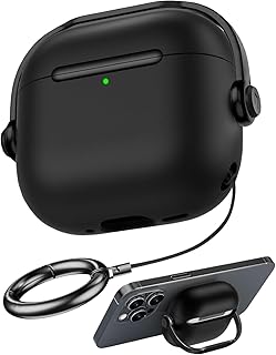 جراب حماية مقاوم للصدمات ومضاد للسقوط ويدعم الشحن اللاسلكي مع قفل أمان وسلسلة مفاتيح لسماعات ايربودز 4 من ايكو (أسود)