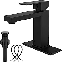 Midanya Matte Black Bathroom Sink Faucet, Single Handle 1 Hole Stainless Steel Vanity Faucet with Deck Plate, Pop-Up Drain & Hoses