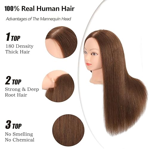 Miniatura 2 de ZOMOI Cabeza de maniquí con cabello humano 100% real, cabeza de muñeca de maniquí de cosmetología para peinar peluquería práctica cabeza de