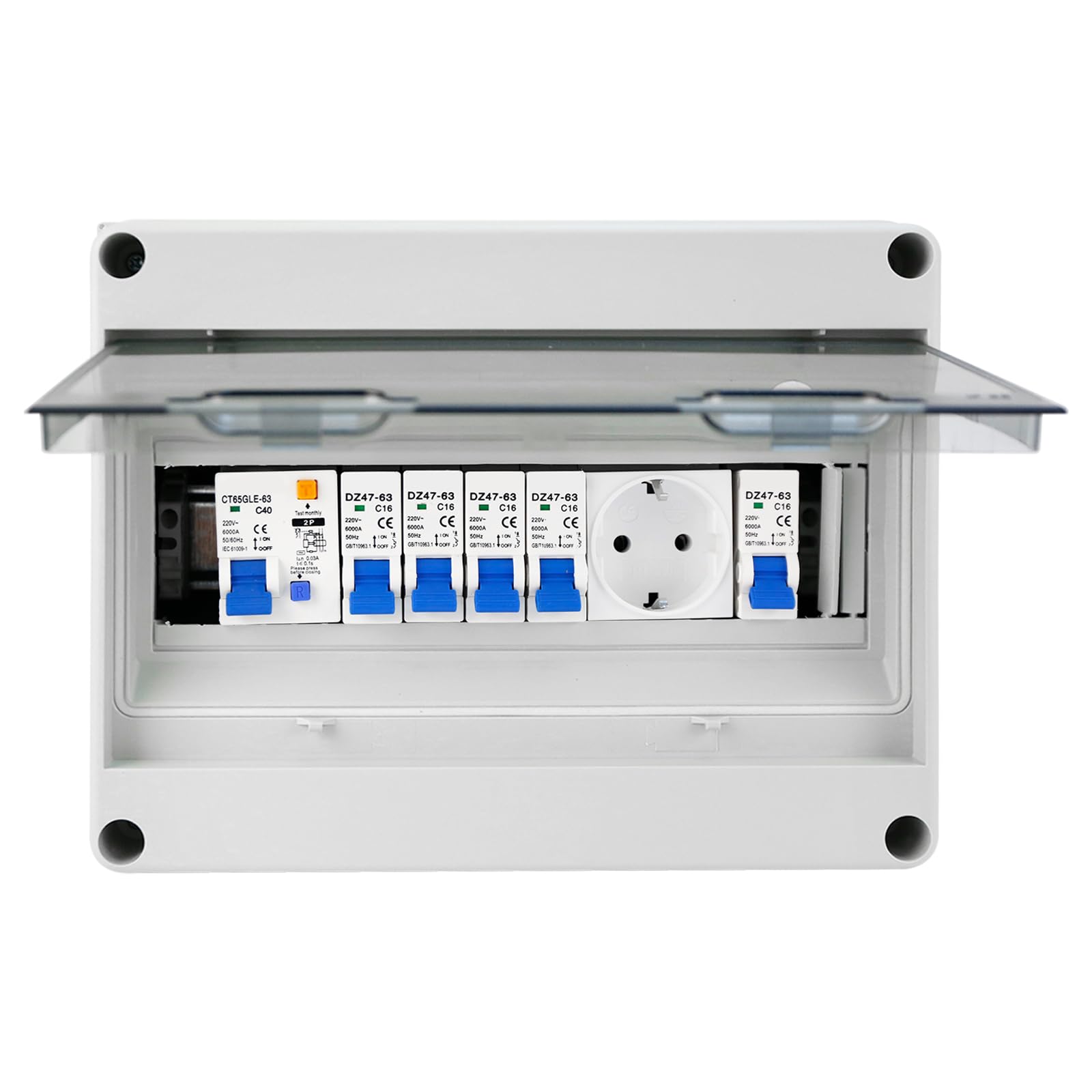 Caja Distribución Montada Superficie, Caja Fusibles Superficie Armario Distribución Ip65 Caja de Distribución Eléctrica con Disyuntor 230V FI 40A 2P y Toma de 16A Distribuidor de Corriente Fuerte