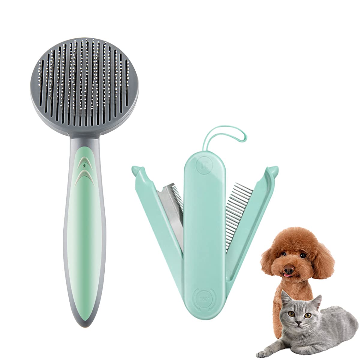 Dog Brush Set & Cat Brush,Self Cleaning Slicker Brush & Dematting Pet Comb Value Kit with Massage Particles,Removes Loose Hair for Pet Fresh Mint Green