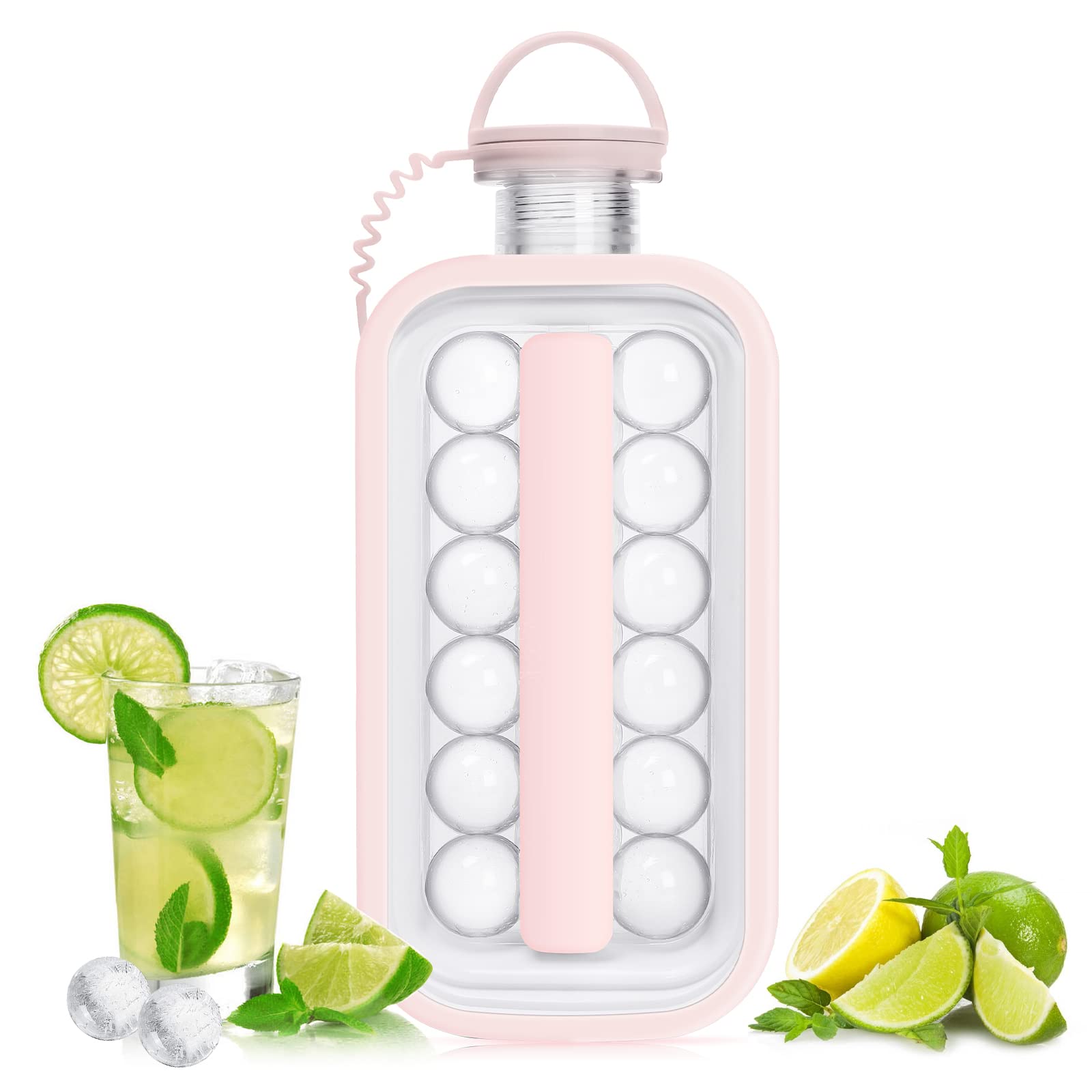 LittleStarIce Cube Trays 2 in 1 Portable Ice Ball Maker Kettle With 17 Grids Flat Body Lid Cooling Ice Pop/Cube Molds For Hockey,Cocktail,Coffee,Whiskey,Champagne,Beer,Juice,Water (Pink)
