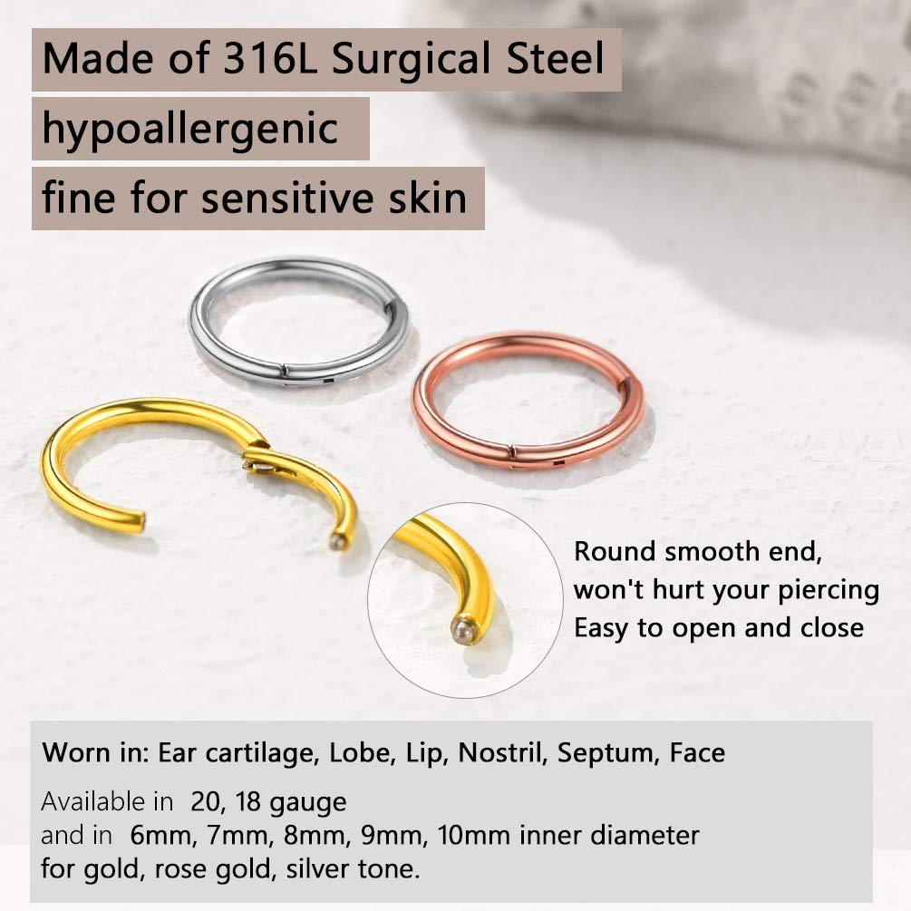 PROSTEEL Un Piercing Nariz Aro Septum Acero Quirurgico, Pendientes Nostril Labio Tragus con Calibre 20G / 18G Grosor, 6-10 mm Diámetro, Plateado/Dorado/Rosado/Negro — view 7