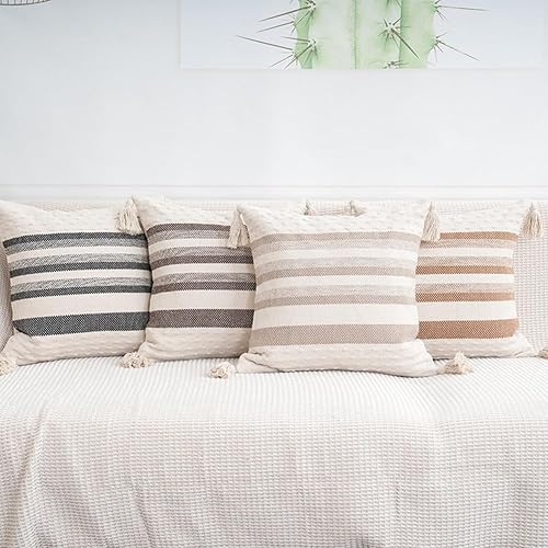 Miniatura 5 de vctops Funda de almohada de rayas estilo granja con borla, funda de cojín decorativa moderna para sofá, dormitorio, sin relleno (café, 18 x 18