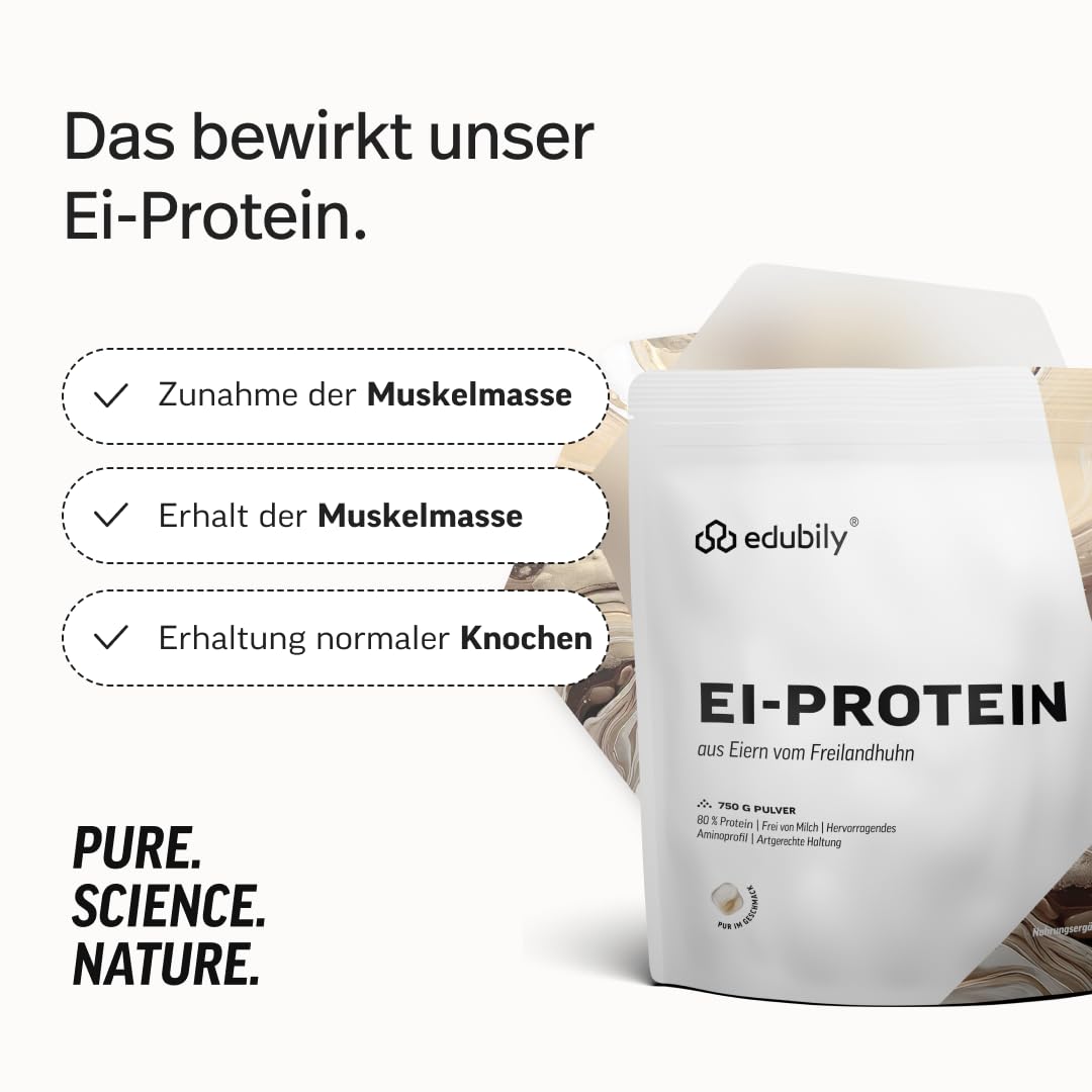 edubily® Eiklar Protein Pulver aus Freilandhaltung - Premium Eiweißpulver ohne Milch - Laborgeprüft (750 g, Ohne Aroma)