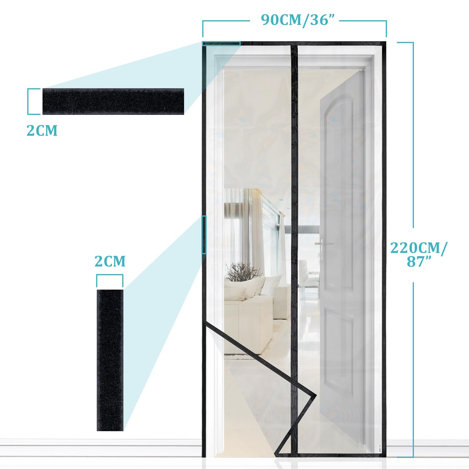 HOOMEE Zanzariera per Porta, Tenda Magnetica per Porte Finestre e Patio, Magneti Potenti per una Perfetta Chiusura Automatica, Installazione Facile senza Foratura (90x220CM, Nero)