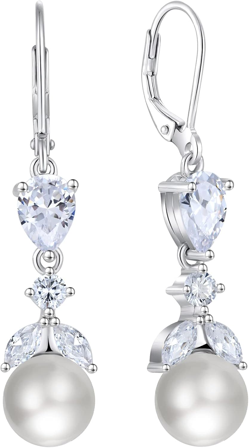 Women Bridal Wedding Earrings 925 Sterling Silver Mother of Pearl Dangle & Drop Earrings with 5A Cubic Zirconia for Brides Bridesmaids Proms Jewerly Gifts