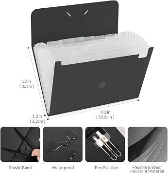 SKYDUE Expanding File Folde rwith 13 Pockets, Accordion File Organizer fits for A4/Letter Sized Paper, Accordion Folder with Labels - Document Receipt Organizer for Office, School, Home Blak