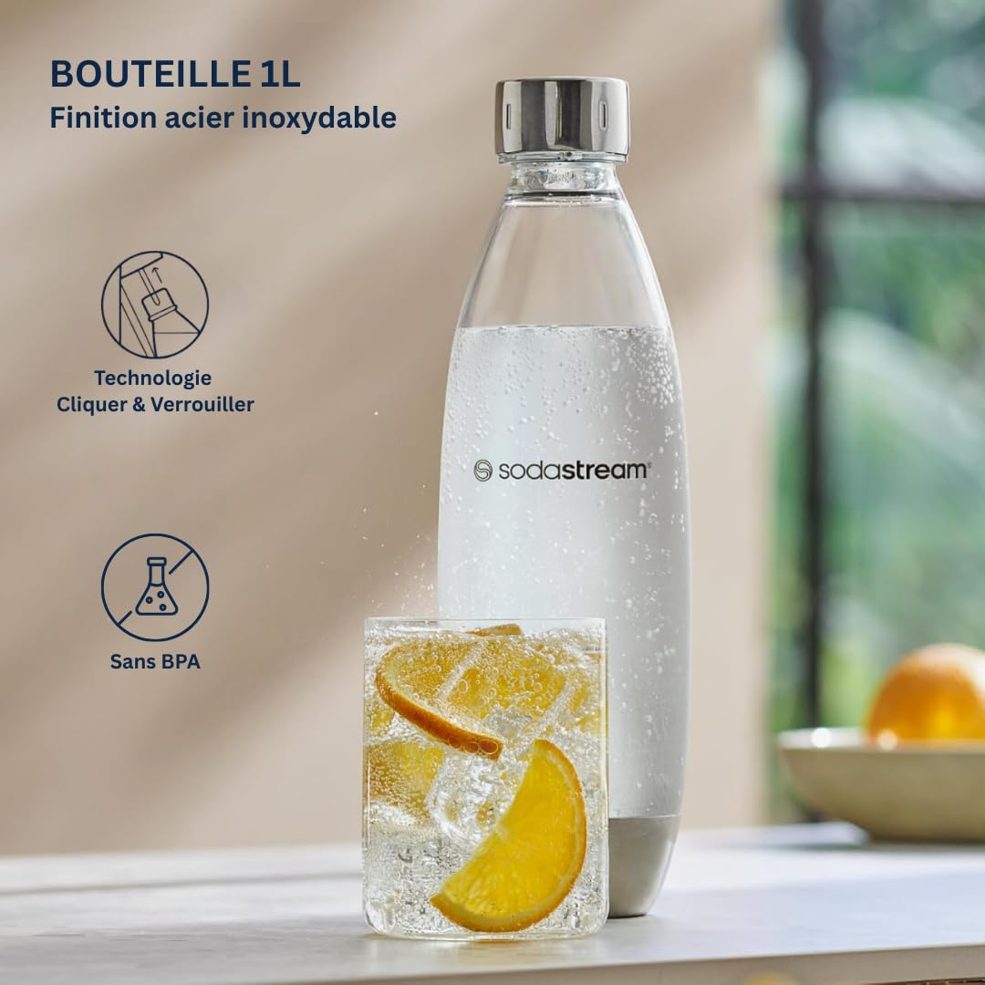Sodastream Terra Machine à Eau Pétillante et Soda | Pack 1 Bouteille 1L Finition Acier Inoxydable Compatible Lave-Vaisselle + 1 Recharge de Gaz 60L à Clipser | Blanche