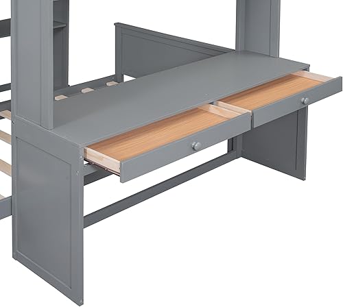 Miniatura 269 de Cama alta funcional tamaño individual con 2 cajones y 2 armarios, base de cama de madera maciza con barandilla de seguridad y escalera de