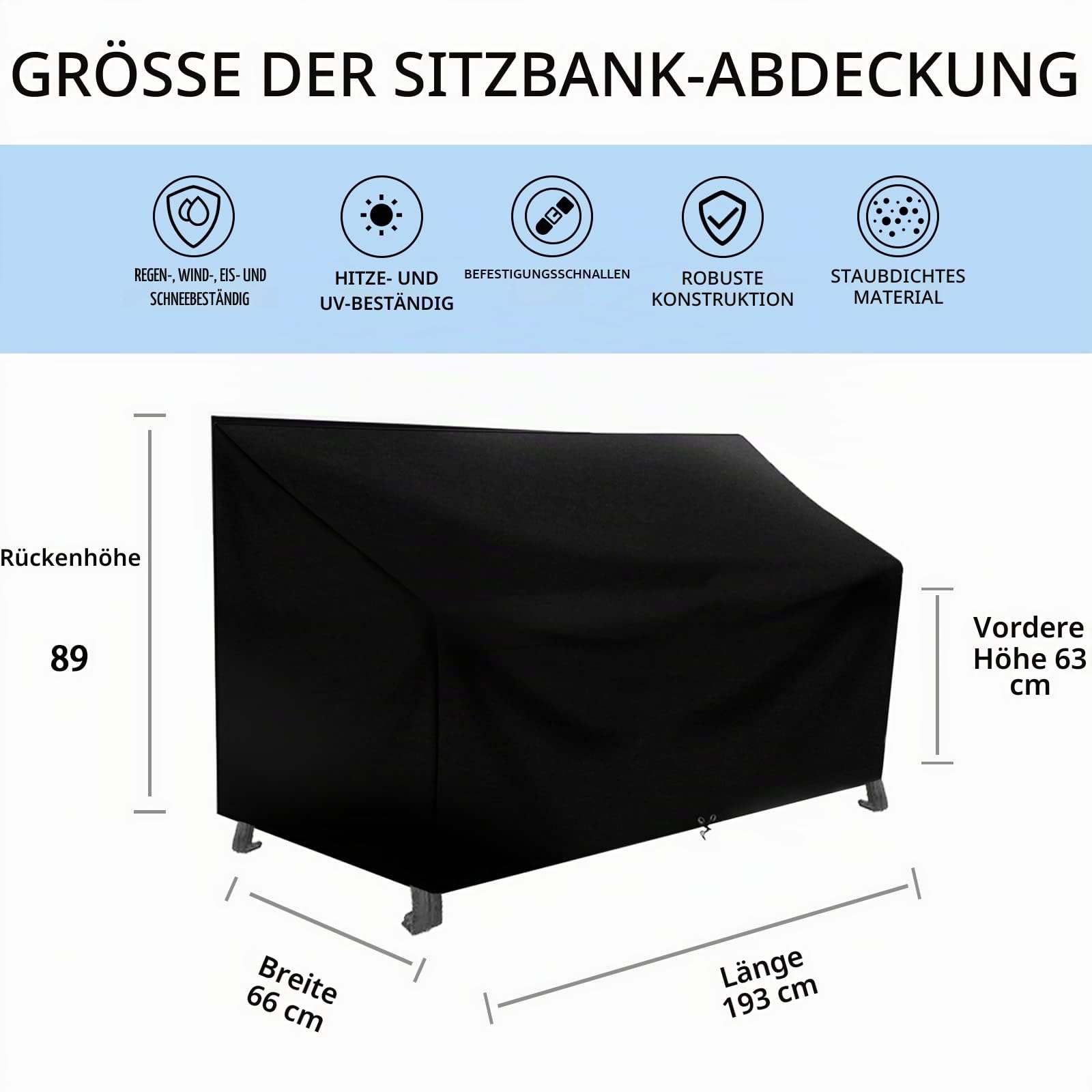 RICHIE 4-Sitzer Sofabezug, Gartenbank Schonbezug Wasserdicht Winddicht Anti-UV Reißfest, 420D Oxford Stoff Gartenbezug Outdoor Terrassenbank 193 x 66 x 63/89 cm, Schwarz
