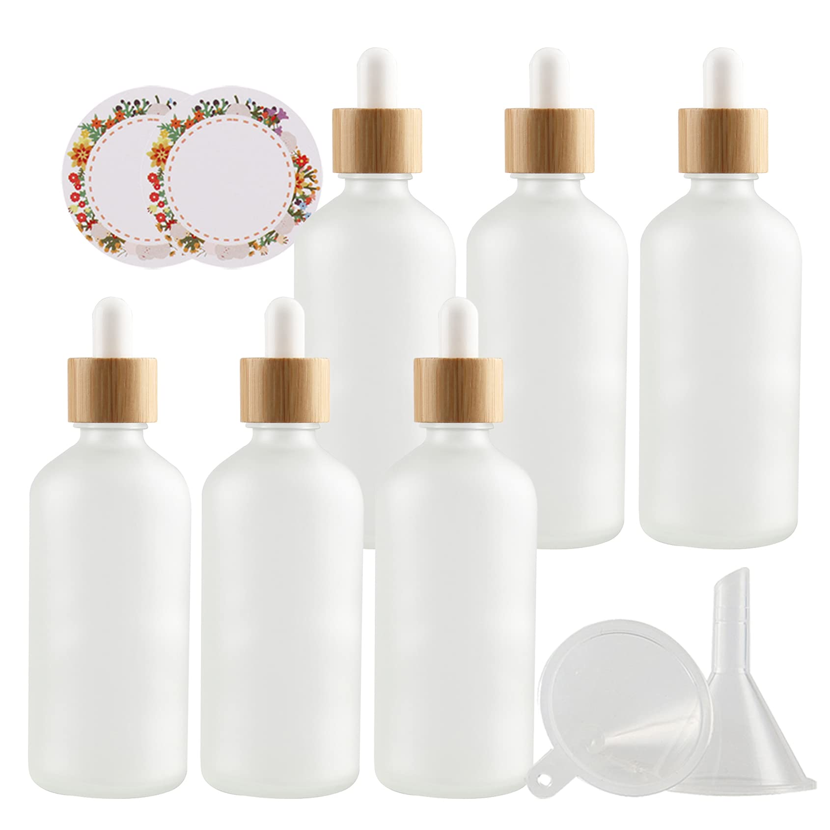 Sprühflasche aus Kunststoff, 6er-Pack, 100 ml, leer, mattiert, transparent, Glastropfer mit Glaspipetten, Bambus-Schraubverschluss für ätherische Öle, Aromatherapie-Misc