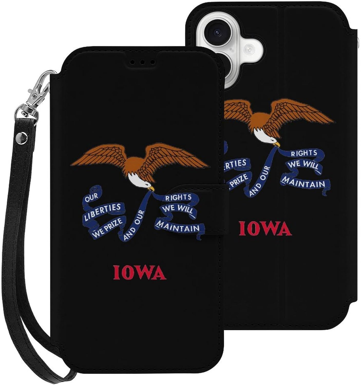 United States Lowa Flag Logo Compatible with iPhone 16/16 Plus/16 Pro/16 Pro Max/16 E Case Phone Wallet Card Holder Flip Cover with Wrist Strap